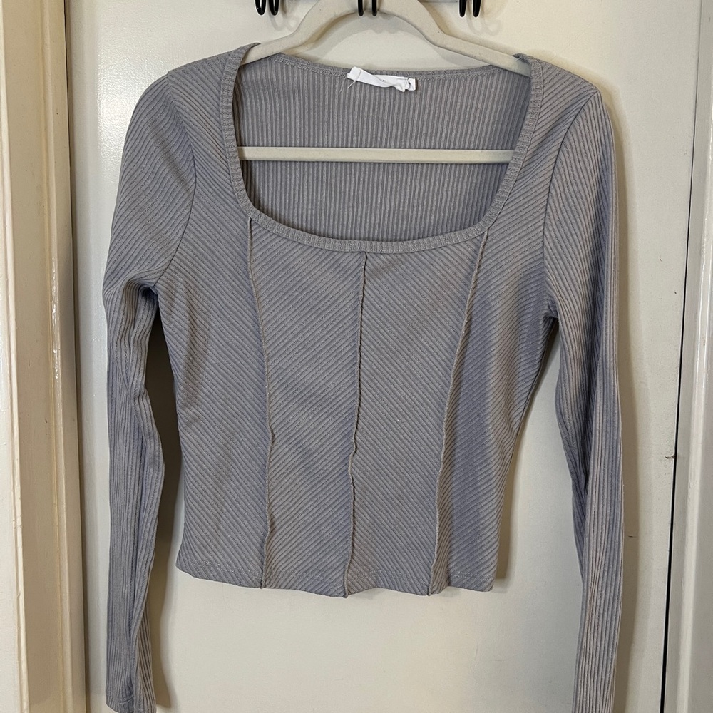 Gray Ribbed Long Sleeve Top